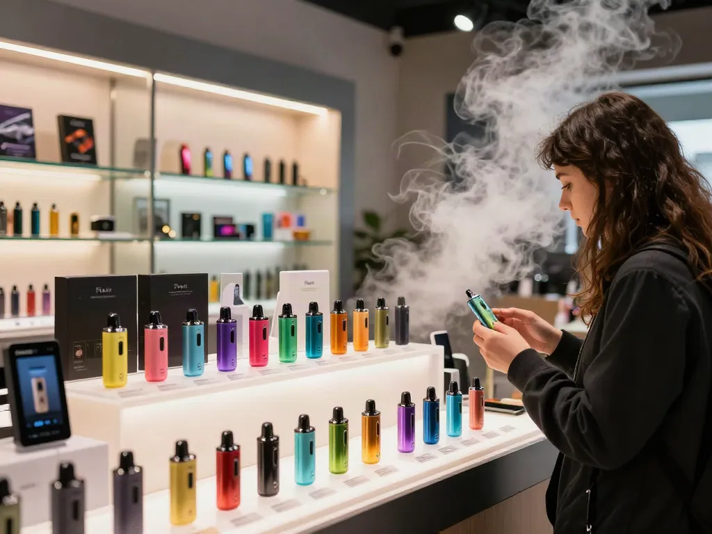 Flum vape display in a modern vape shop highlighting colorful devices and customer interaction.
