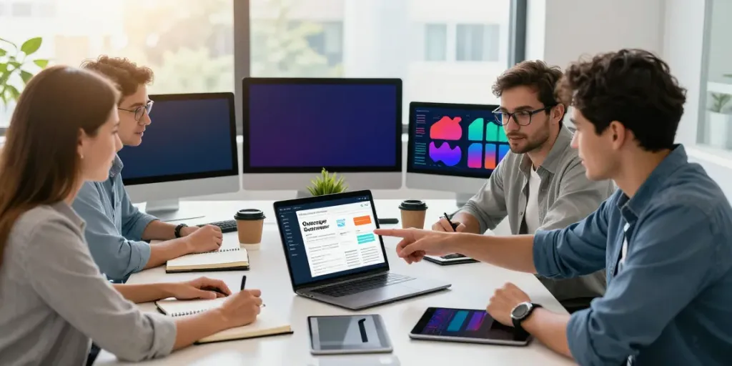 Team of data analysts reviewing business data from Outscraper in a modern office.