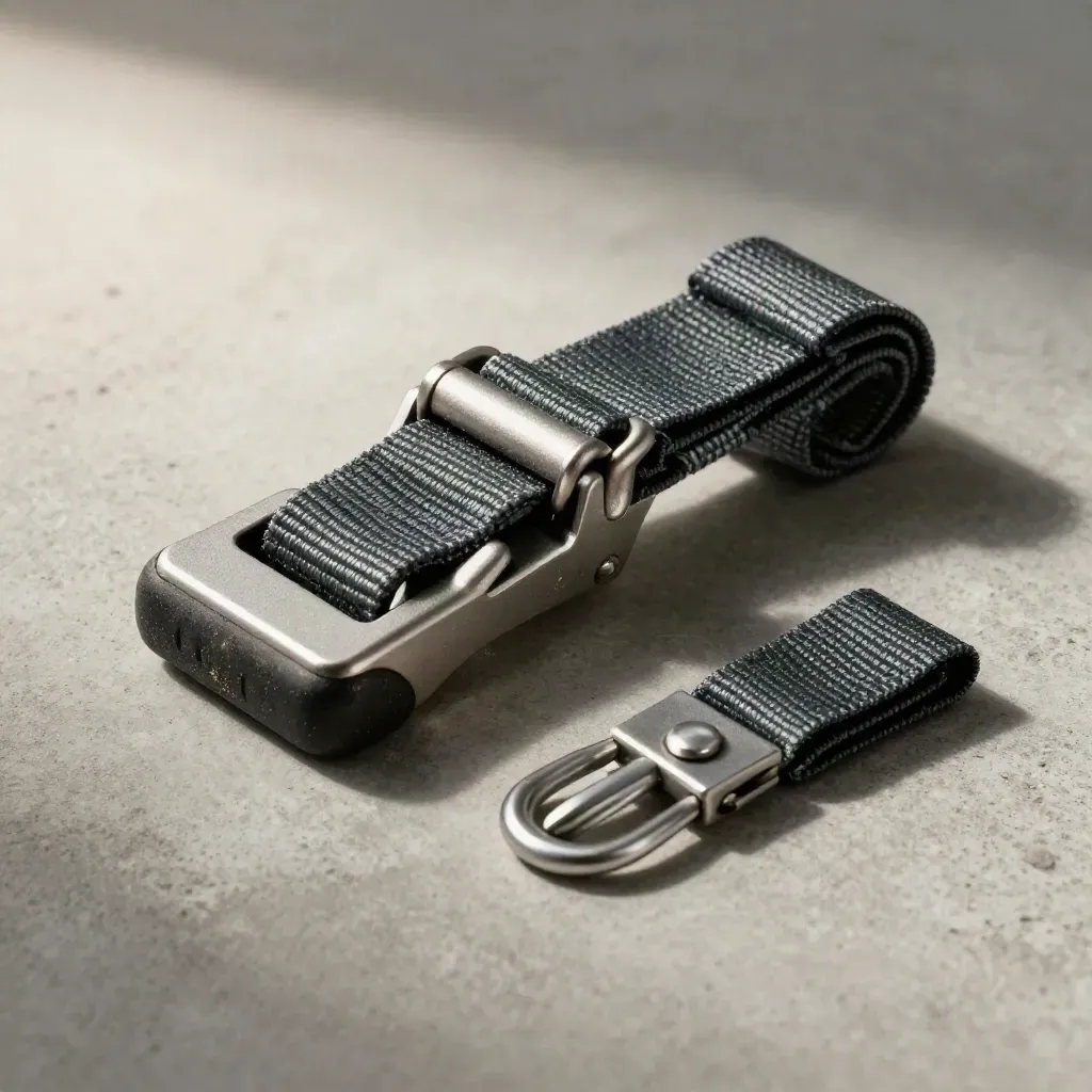 Cargo latch, tie-down buckle and rubber corner guard on pale concrete in tight overhead detail.