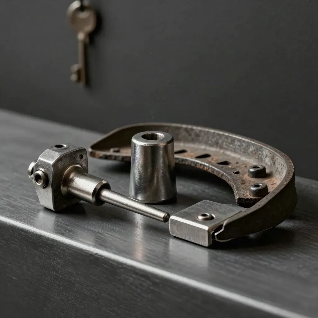 Rail coupler pin, brake shoe fragment, and wheel chock on brushed graphite metal in dramatic studio light.