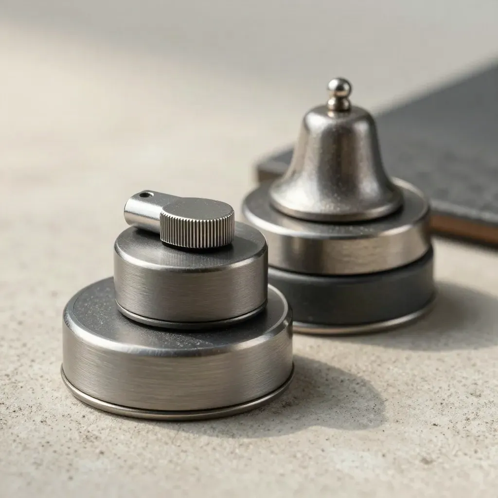 Macro still life of cargo checkpoint pucks, relay clicker, and metal bell cap on concrete.