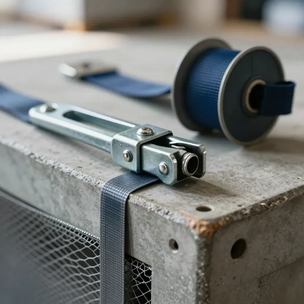 Macro still life of export packing tools, strapping tensioner, corner protectors and a crate edge
