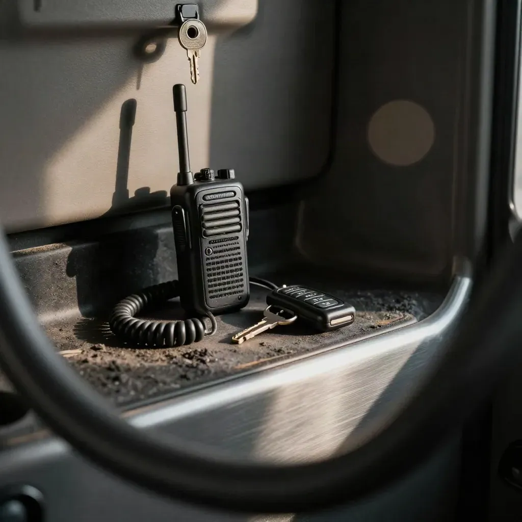 Truck cab still life with radio, key fob, and route beacon seen past a blurred grab handle.