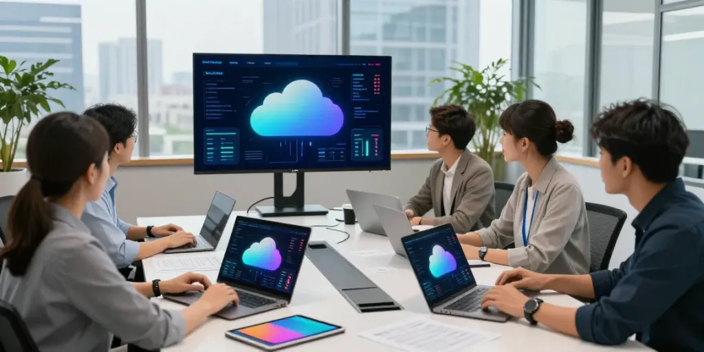 Team collaborating on Azure cloud management strategies in a modern office.