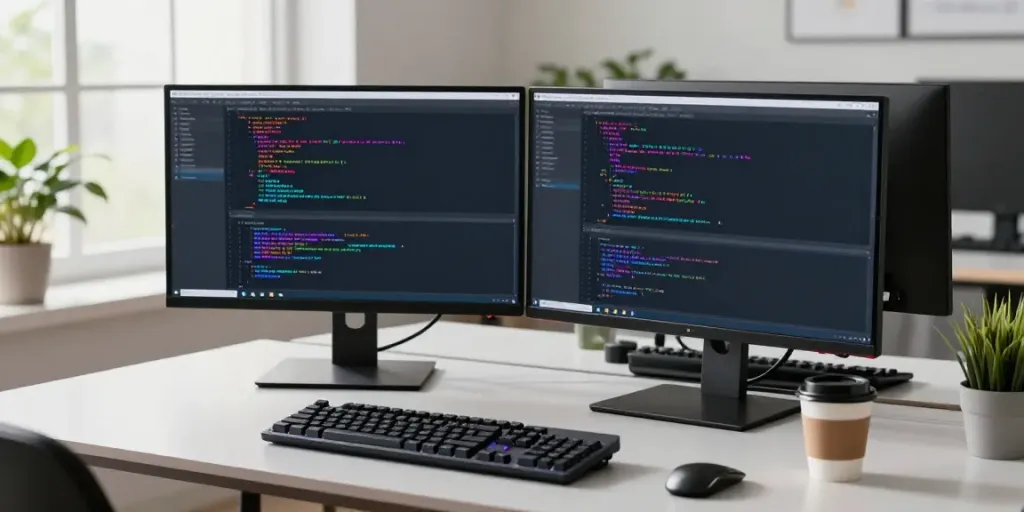 Developer coding on dual monitors at a modern workspace with Notepad++ interface at https://notepad-app.co/.