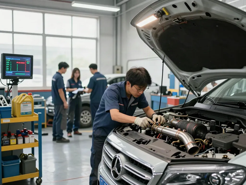 Mechaniker bei der dpf regeneration in einer Werkstatt mit Werkzeugen.